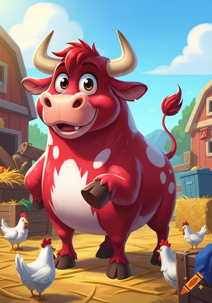 A smiling, red cartoon bull with white spots stands on a farm with chickens and barns in the background.