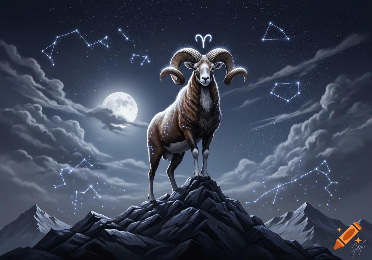 A majestic ram, representing the Aries zodiac sign, stands on a rugged mountain peak at night, under a full moon and sparkling constellations including the Aries symbol.