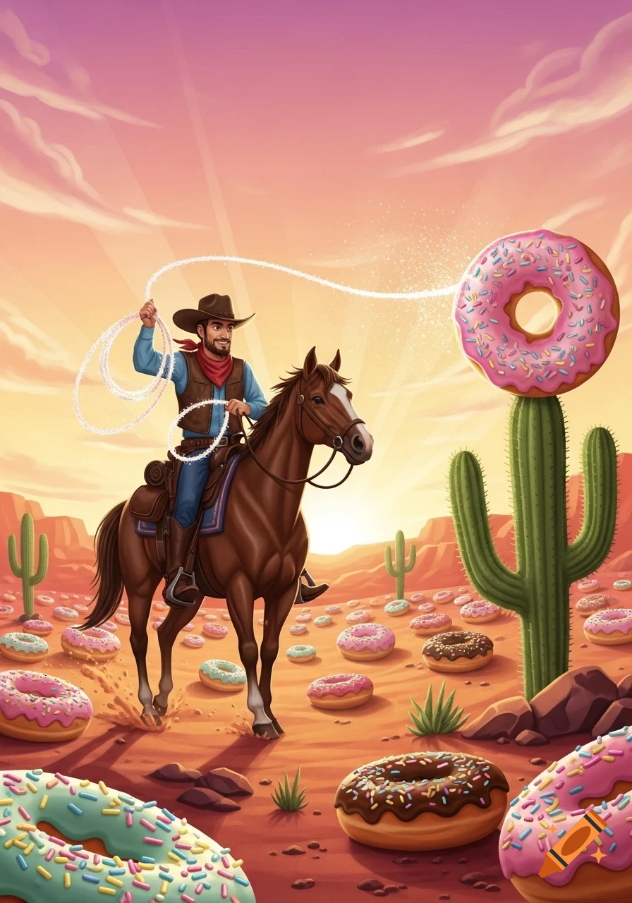 A cartoon cowboy on a horse lassos a large pink donut atop a cactus in a desert landscape filled with smaller donuts at sunset.