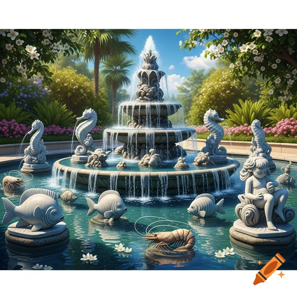 A multi-tiered stone fountain in a lush garden, adorned with statues of fish, seahorses, shrimp, and a child.
