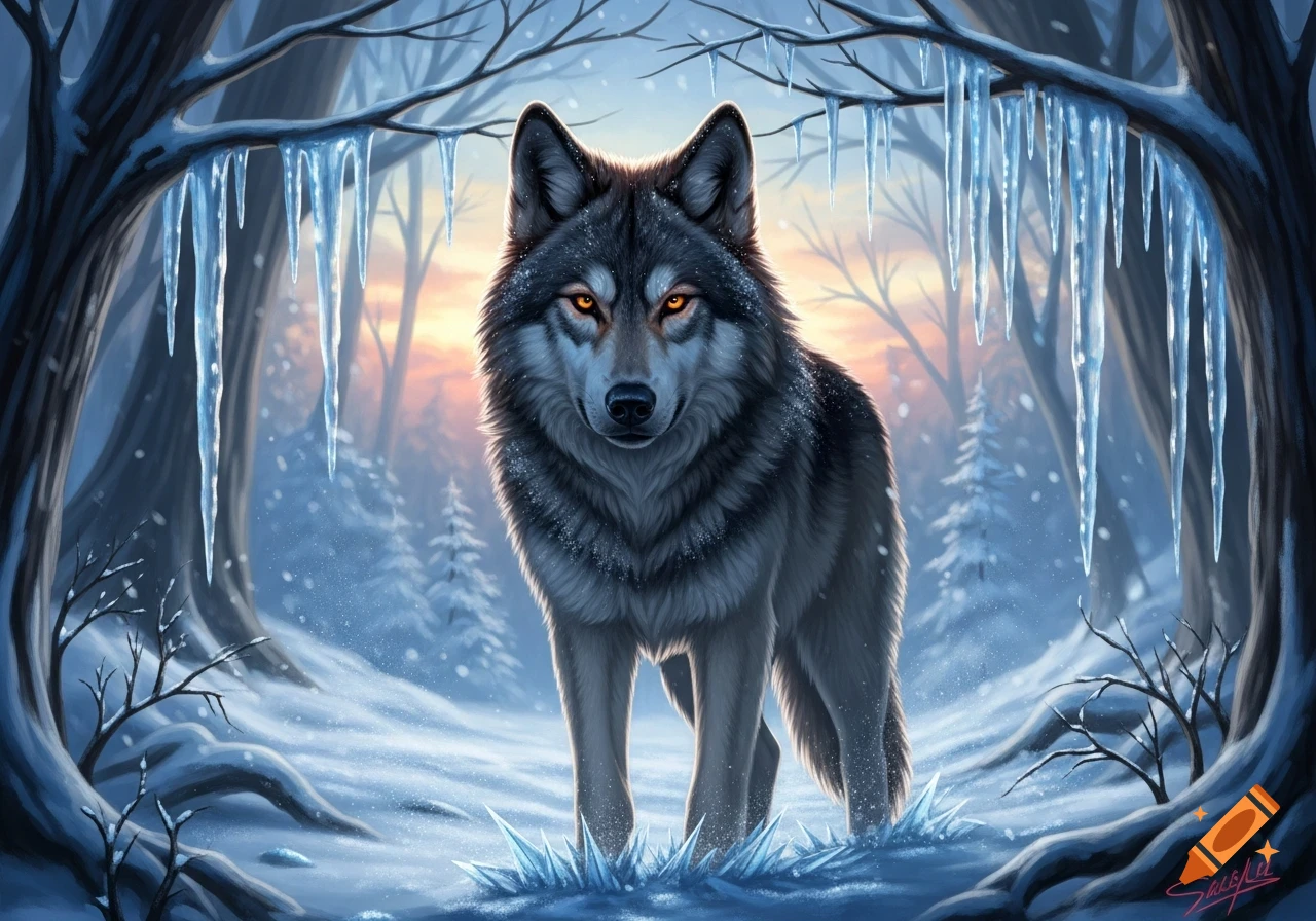 A majestic wolf with glowing orange eyes stands in a magical, snowy ...