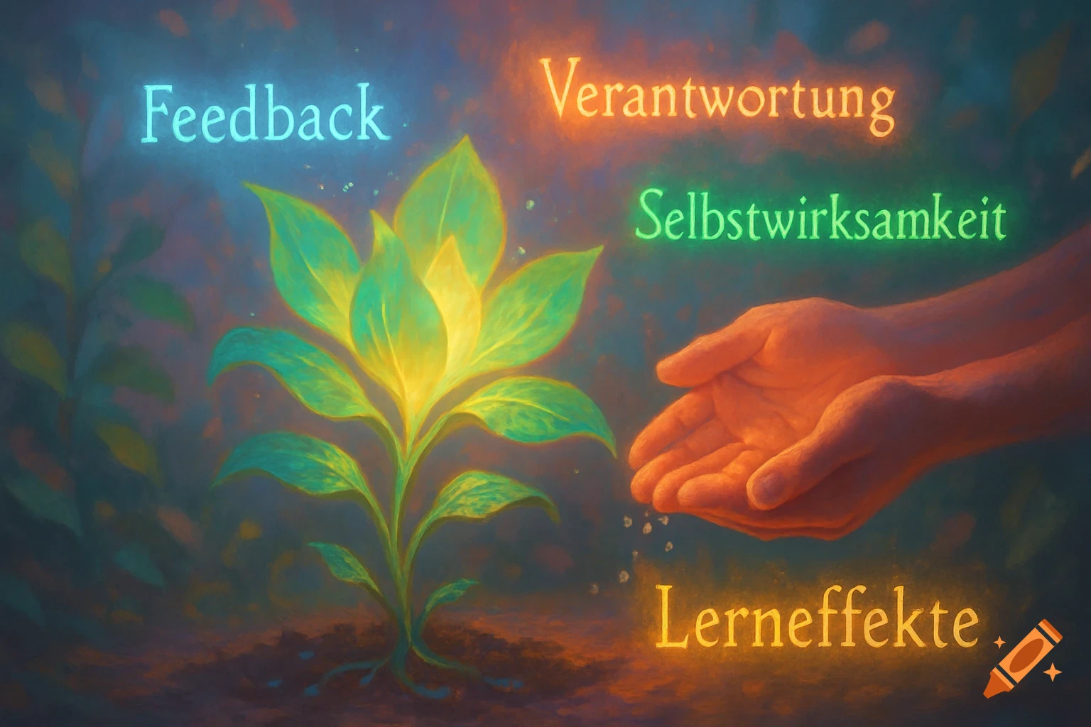 Digital painting of a glowing plant with cupped hands nearby, surrounded by glowing German words 'Feedback', 'Verantwortung', 'Selbstwirksamkeit', and 'Lerneffekte'.