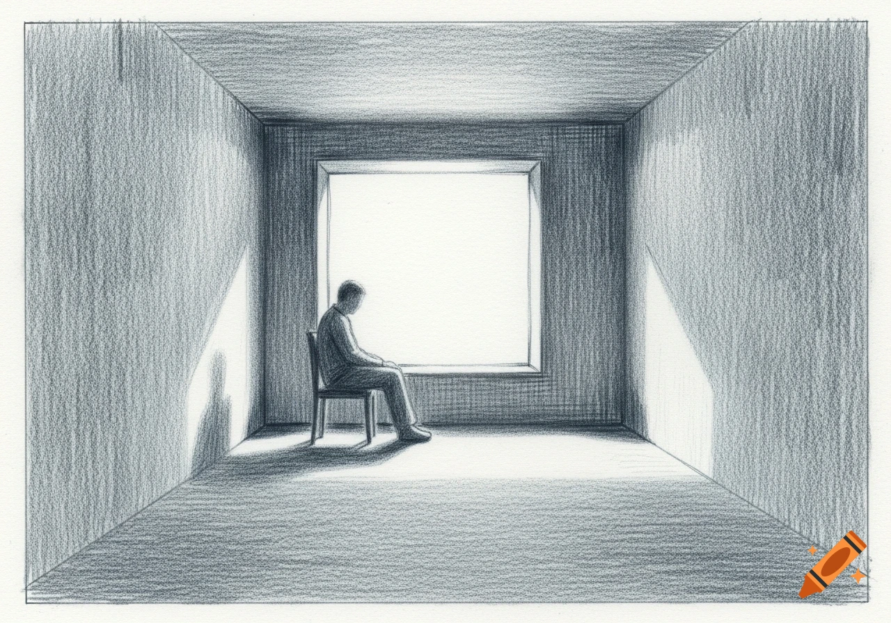 Graphite illustration of a person sitting on a chair in a dark room, looking out a bright window, with strong shadows.