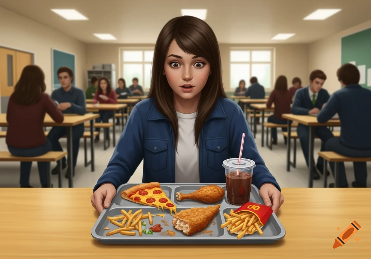 A surprised young woman sits in a school cafeteria with a tray of pizza, fried chicken, french fries, and a soda. Stylized artwork.