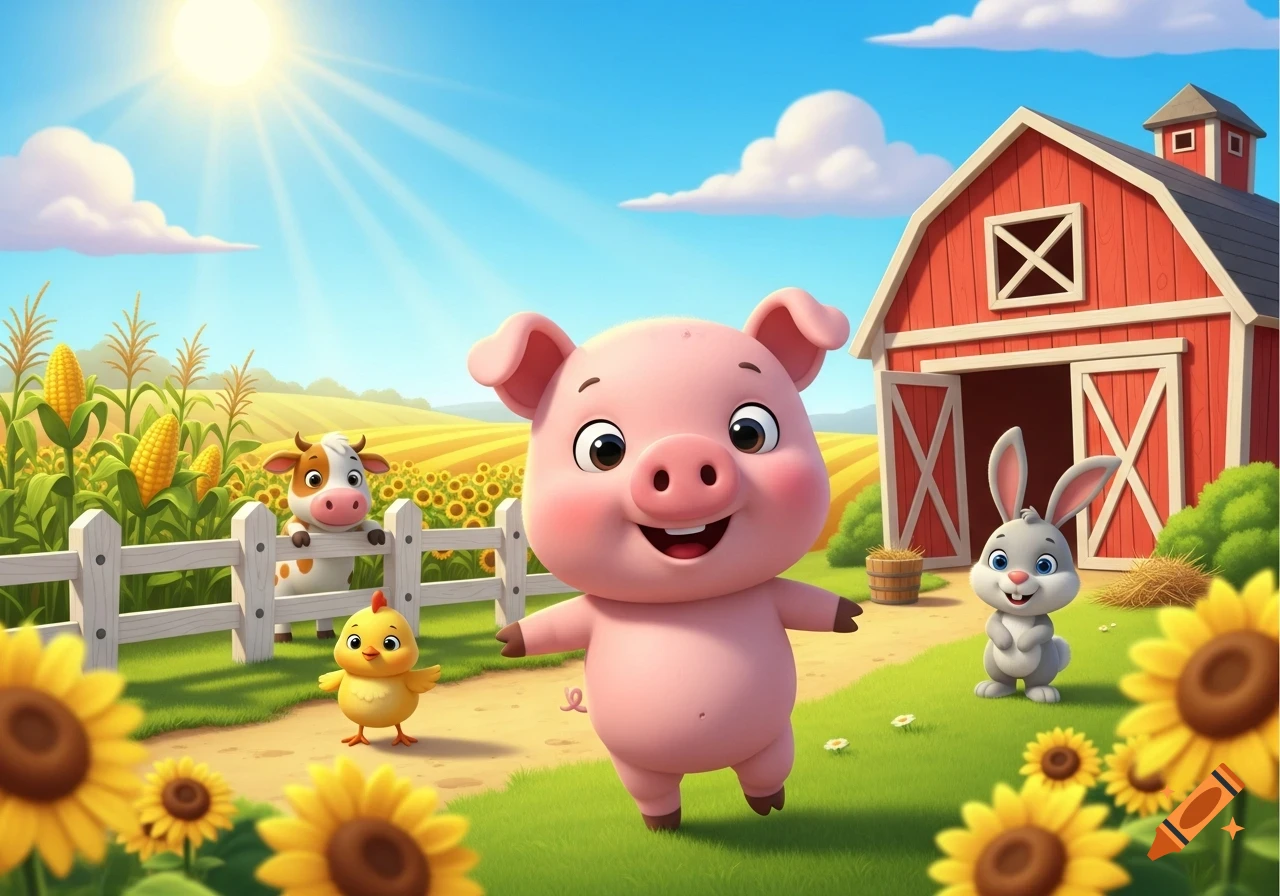 A cheerful cartoon pig, chick, cow, and rabbit on a sunny farm with a red barn, sunflowers, and corn fields.