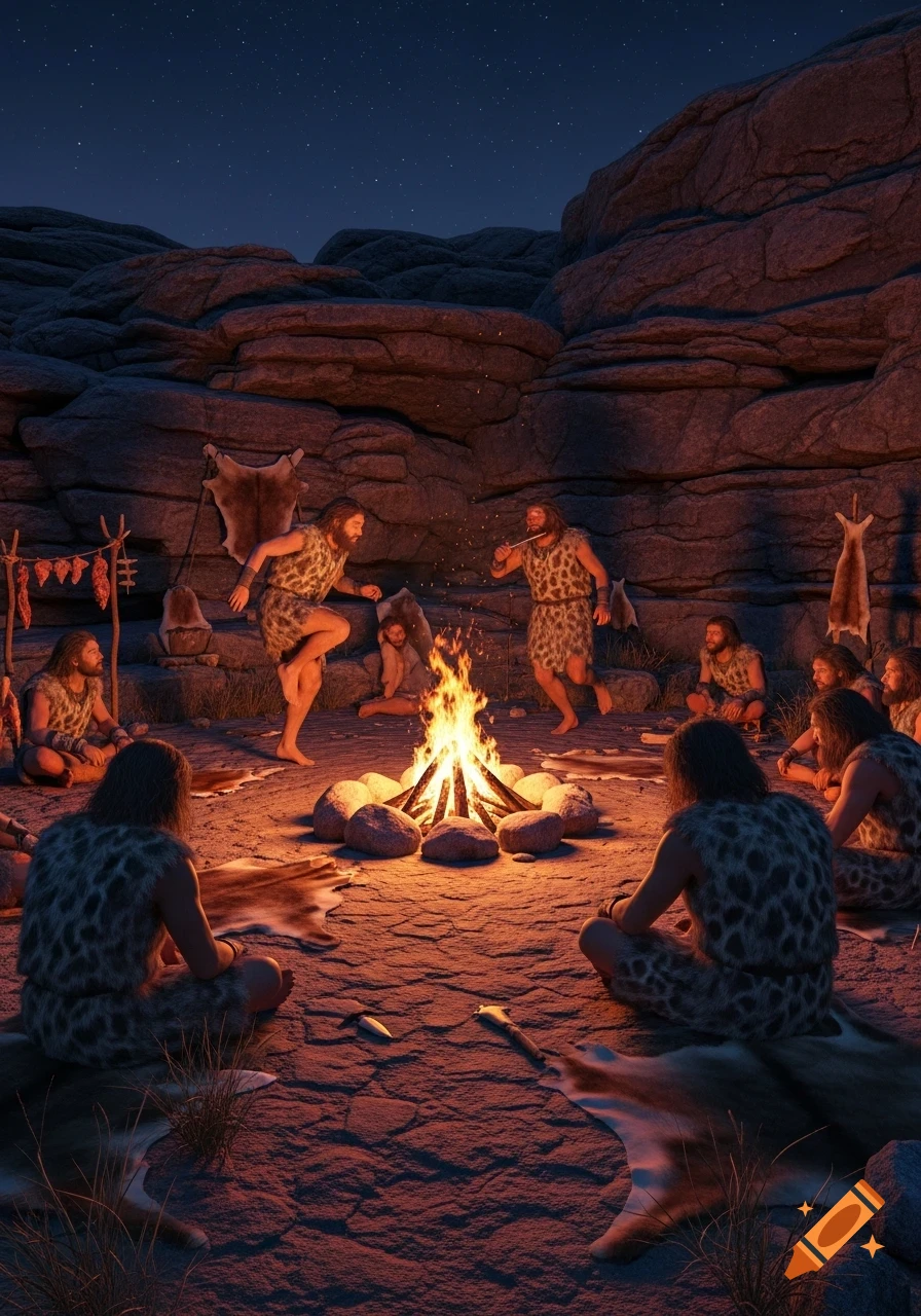 Prehistoric cavemen gather around a glowing campfire in a rocky clearing at night, with some dancing and others seated.