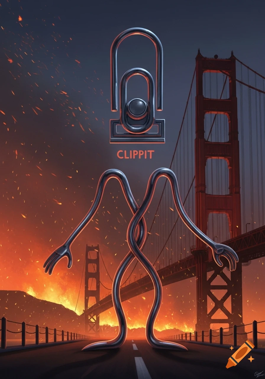 A metallic Clippit character stands on a road, with the Golden Gate Bridge and fiery landscape behind it, stylized.