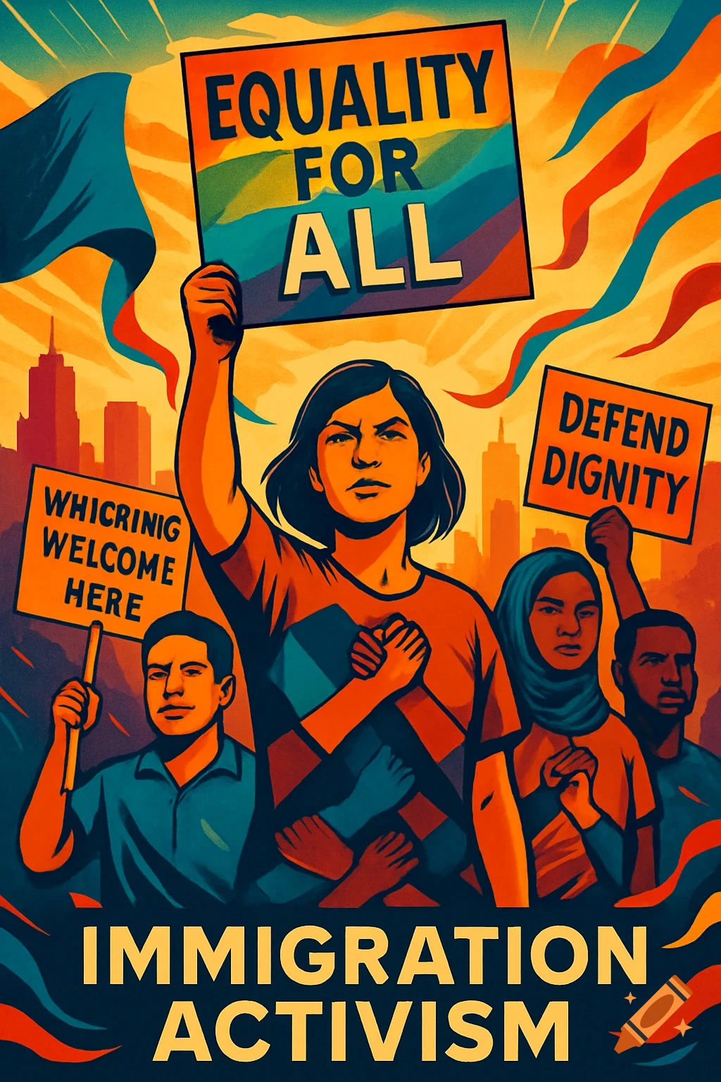 An "Immigration Activism" poster in a pop art style, depicting diverse protesters holding signs for "Equality For All" and "Defend Dignity" against a city skyline.