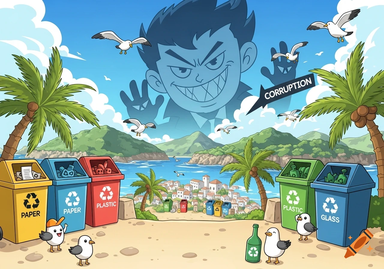 A cartoon island scene with recycling bins for paper, plastic, and glass, seagulls, and a giant shadowy figure representing corruption looming in the sky.