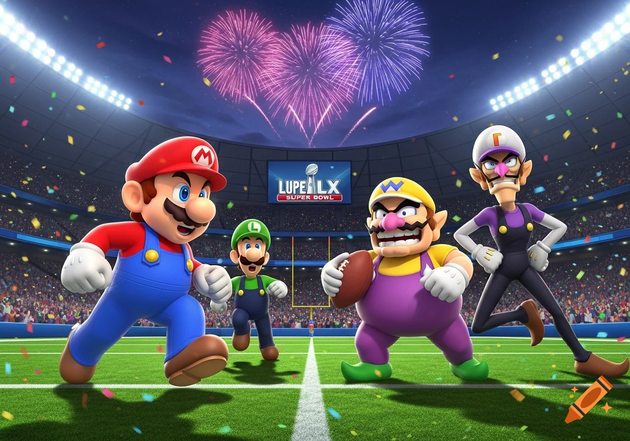 Mario, Luigi, Wario, and Waluigi on a football field in a stadium with fireworks exploding overhead.