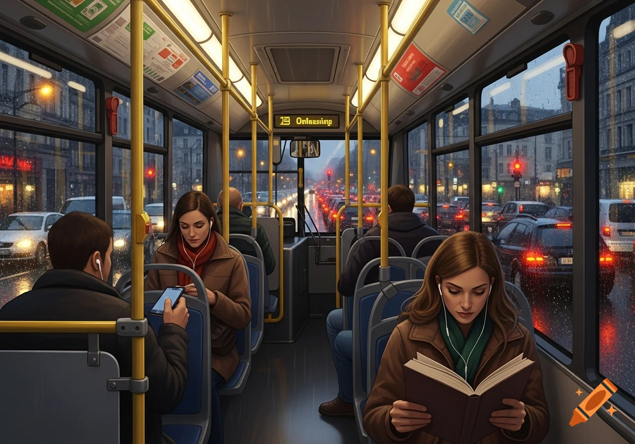 Inside a city bus at night, passengers read and listen to music while the bus drives through a rainy, busy city street.