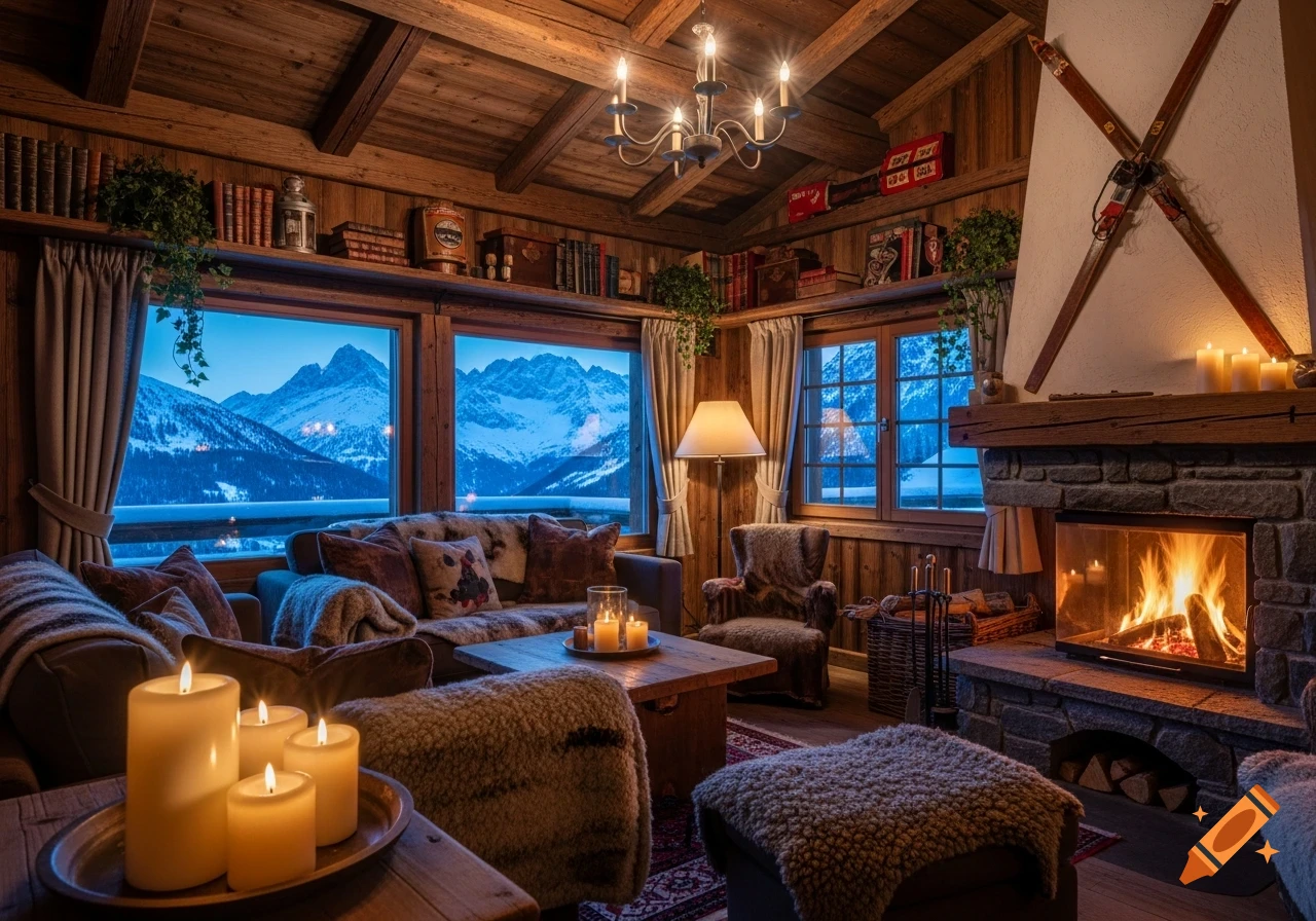 Cozy cabin interior with a roaring fireplace, large windows overlooking snowy mountains, and soft candlelight.