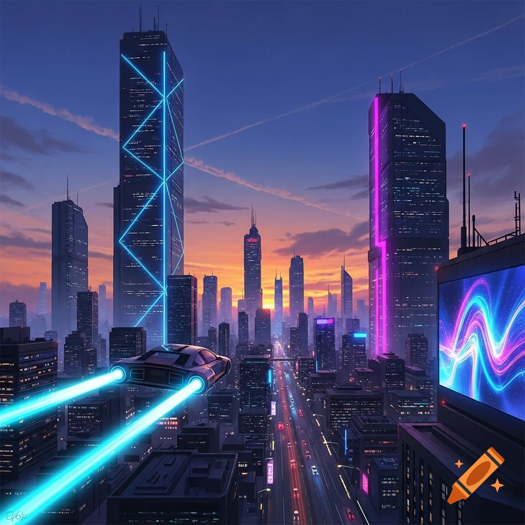 Vibrant futuristic city at dusk with a flying car, neon-lit skyscrapers ...