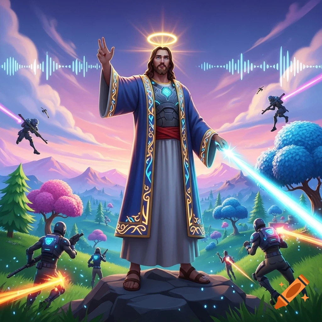 Jesus in a sci-fi robe with a halo, wielding a laser, surrounded by Fortnite characters in a vibrant cartoon landscape.