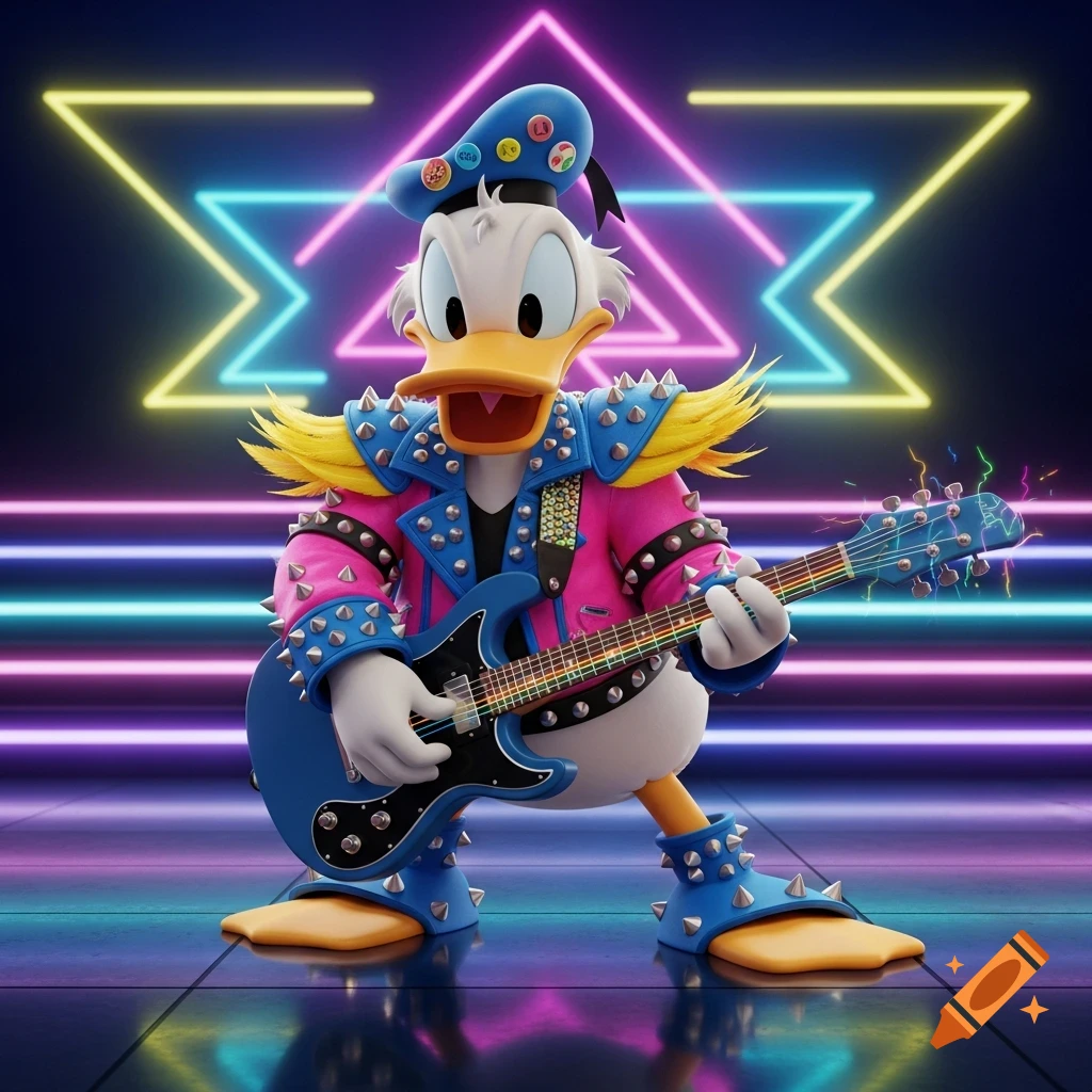 Donald Duck dressed in an 80s rock outfit with spikes, playing a blue electric guitar under neon lights.