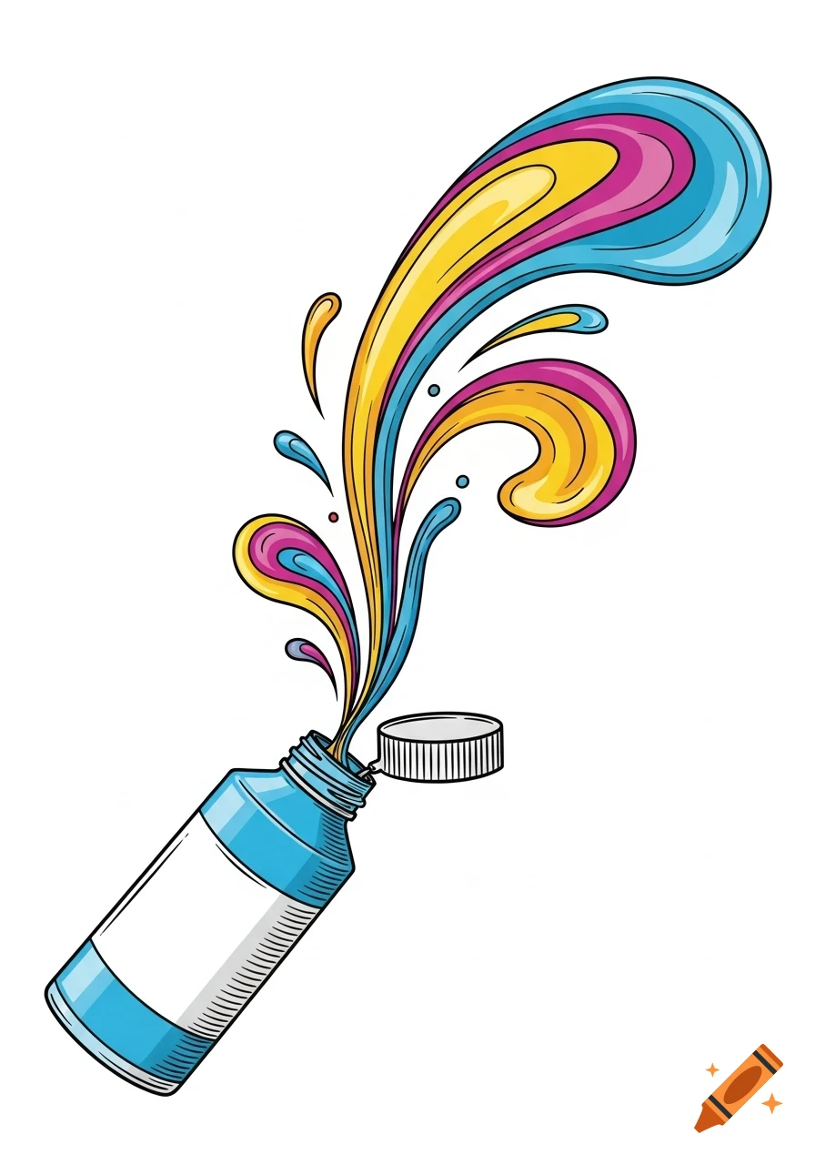 A vibrant, hand-drawn illustration of a blue paint bottle with a burst of yellow, pink, and blue paint flowing upward.