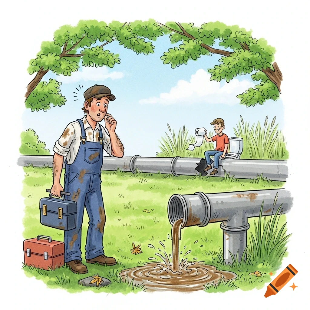 Cartoon of a confused plumber watching brown water spill from a pipe, with a boy sitting on a broken pipe holding toilet paper.