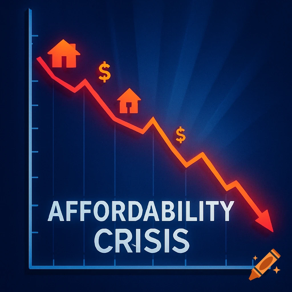 A downward-trending line graph in red and orange with house and dollar sign icons, labeled 'AFFORDABILITY CRISIS' on a dark blue background.