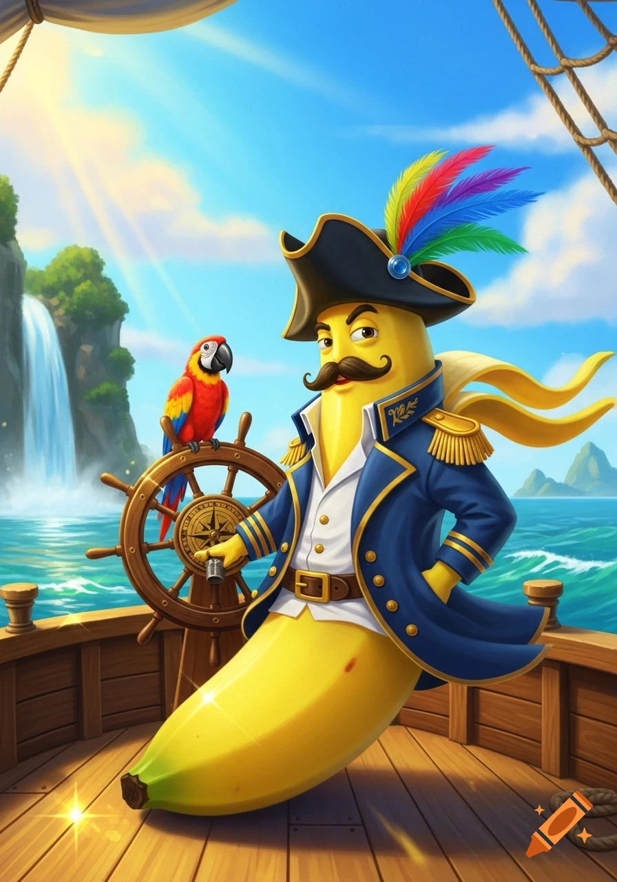 A cartoon banana pirate captain with a mustache and feathered hat steers a ship with a parrot by his side, on the ocean with a waterfall.