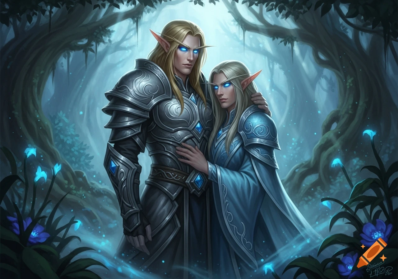 Two blonde elves with glowing blue eyes, one in ornate armor and the other in blue robes, embrace in a mystical, blue-lit forest. Fantasy art.