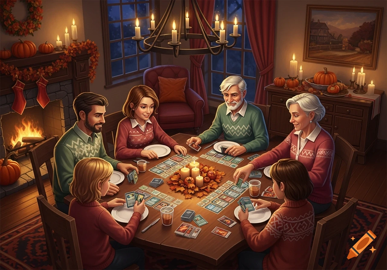 An illustrated family plays a card game at a candlelit Thanksgiving table, adorned with pumpkins and autumn leaves.
