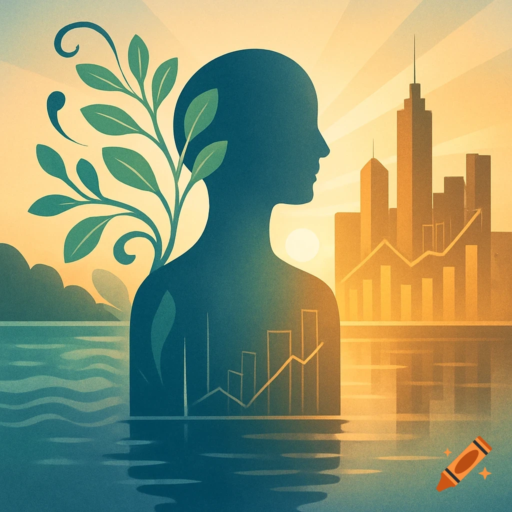 Stylized illustration: human silhouette with plant, business graphs, and city skyline reflected in water at sunrise.