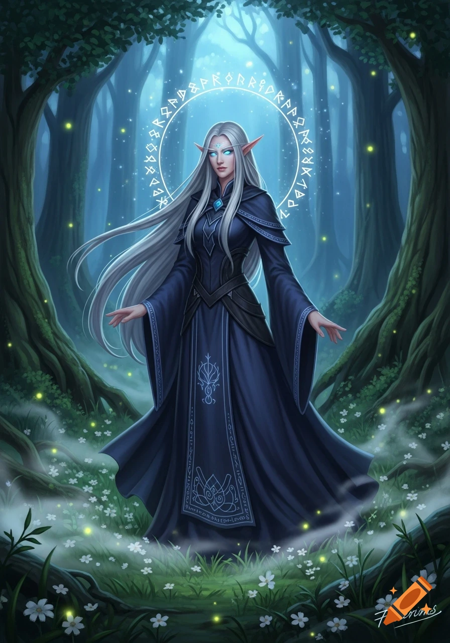 A white-haired elf woman in a dark blue robe stands in a mystical forest, a glowing runic halo above her head.