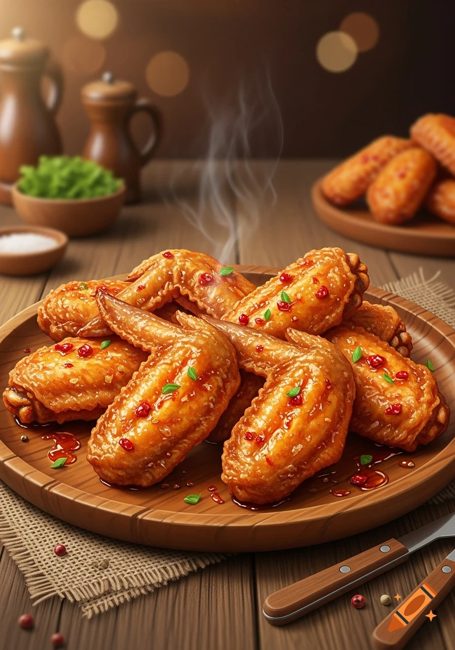A wooden platter piled with golden-brown fried chicken wings, garnished with herbs and red berries, emitting steam, on a rustic wooden table.