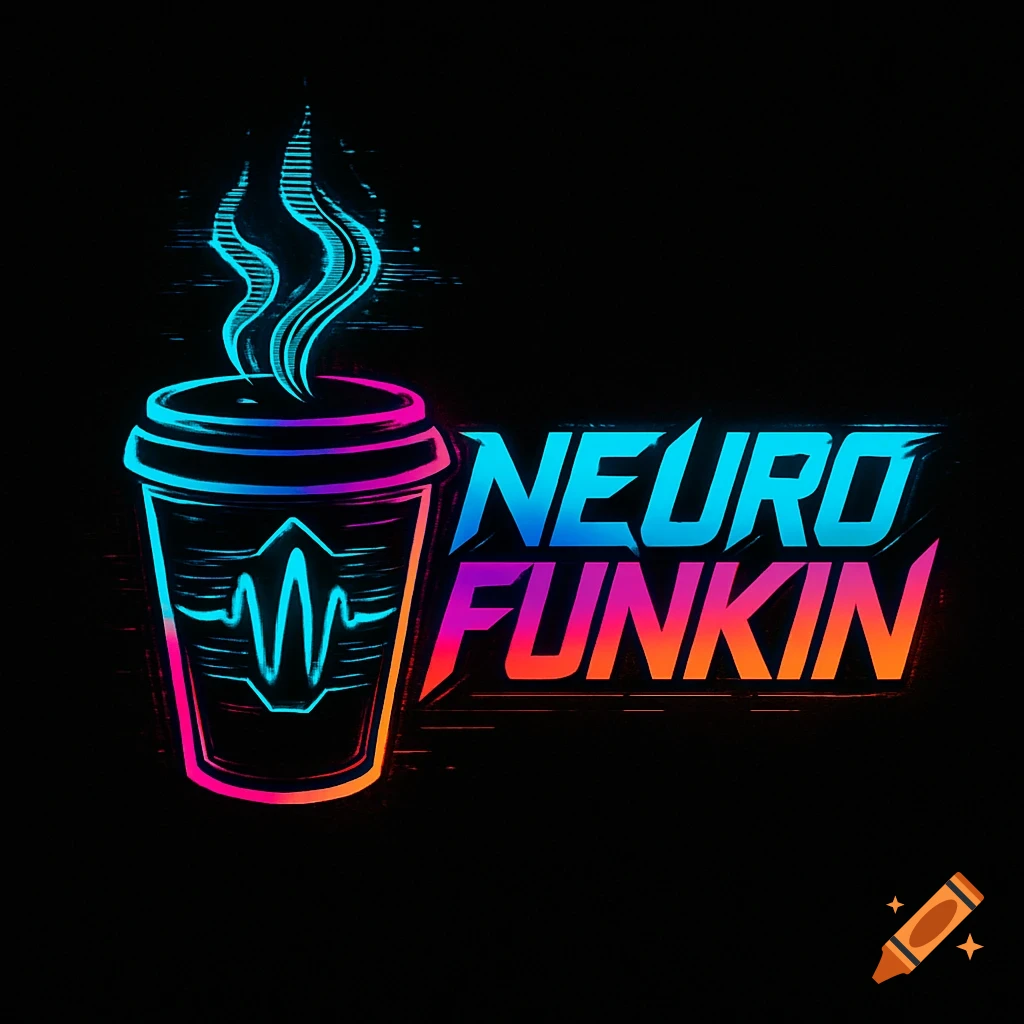 A neon glitch art logo for 'Neurofunkin' featuring a stylized coffee cup emitting blue steam with a heartbeat line inside.