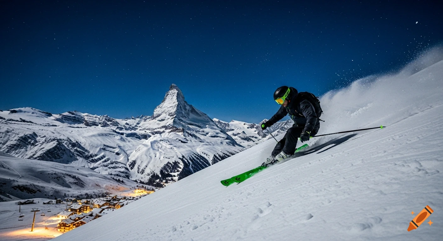 An ultra-realistic image of a skier racing downhill on a snowy slope at night. The Matterhorn looms over glowing chalets under a starry sky.