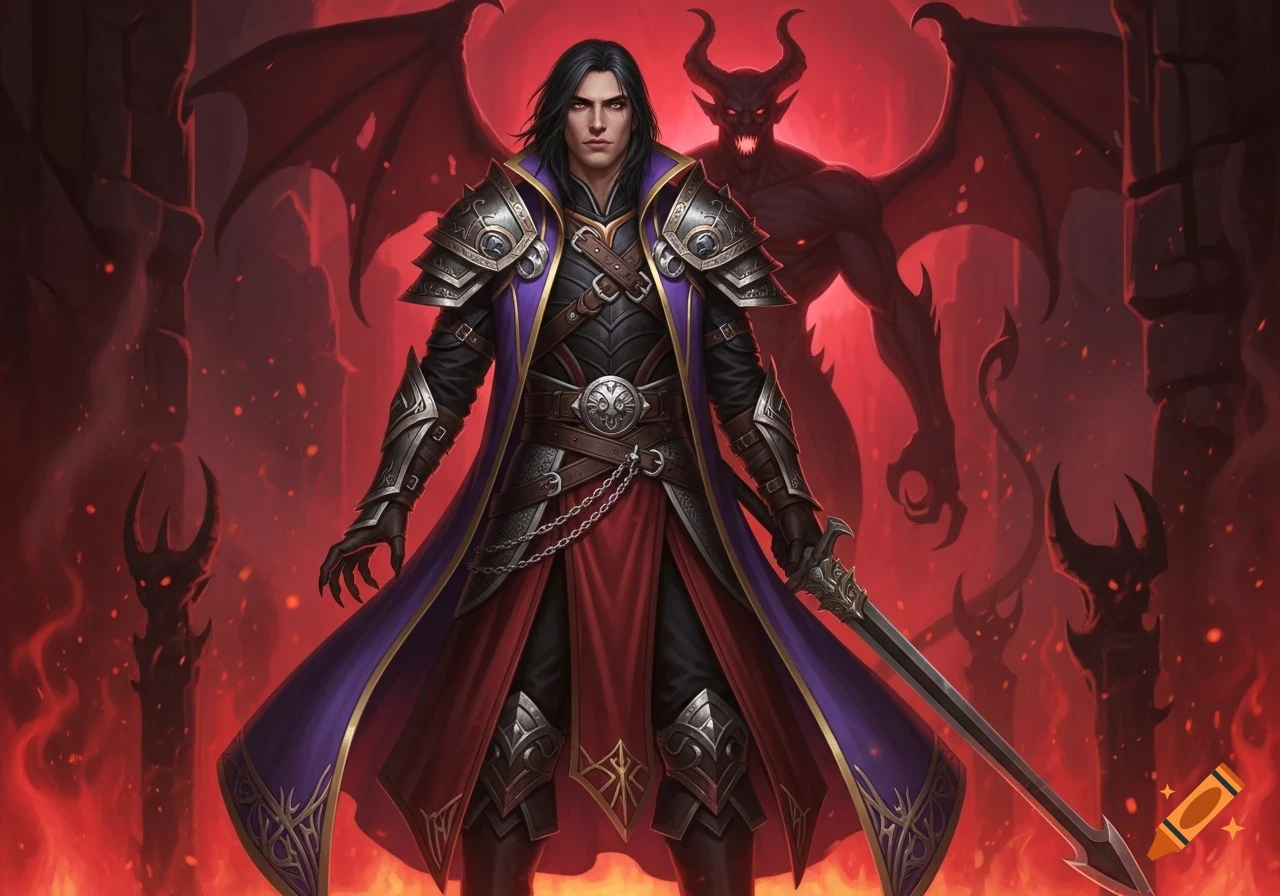 A dark-haired warlock in black, red, and purple armor holds a sword against a fiery hellish background with a horned demon.