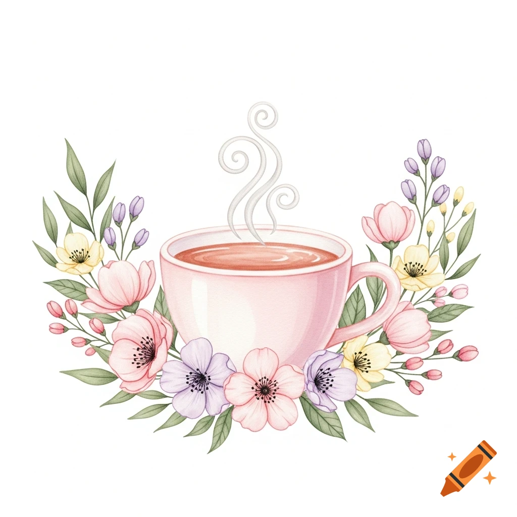 Watercolor illustration of a pink tea mug with steam, surrounded by pastel flowers and green leaves on a white background.