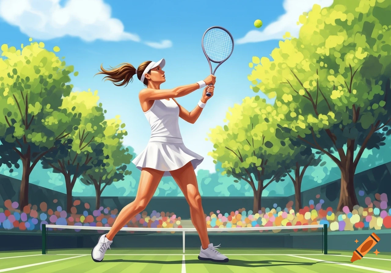 A stylized illustration of a female tennis player in a white uniform hitting a tennis ball on a sunny court.