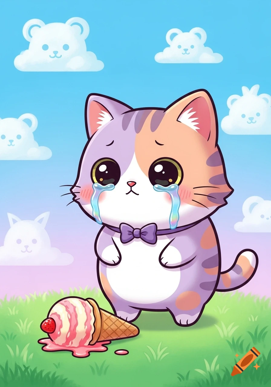 A sad cartoon cat with a purple bow tie cries over a fallen ice cream cone on green grass under a blue sky with bear-shaped clouds.