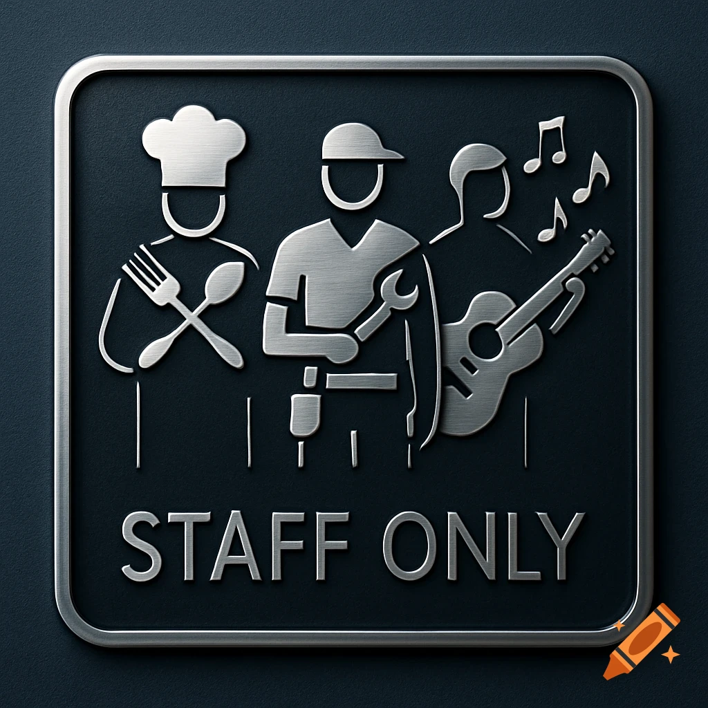 Metallic 'STAFF ONLY' sign with silver icons of a chef, a mechanic holding a wrench, and a musician playing a guitar.