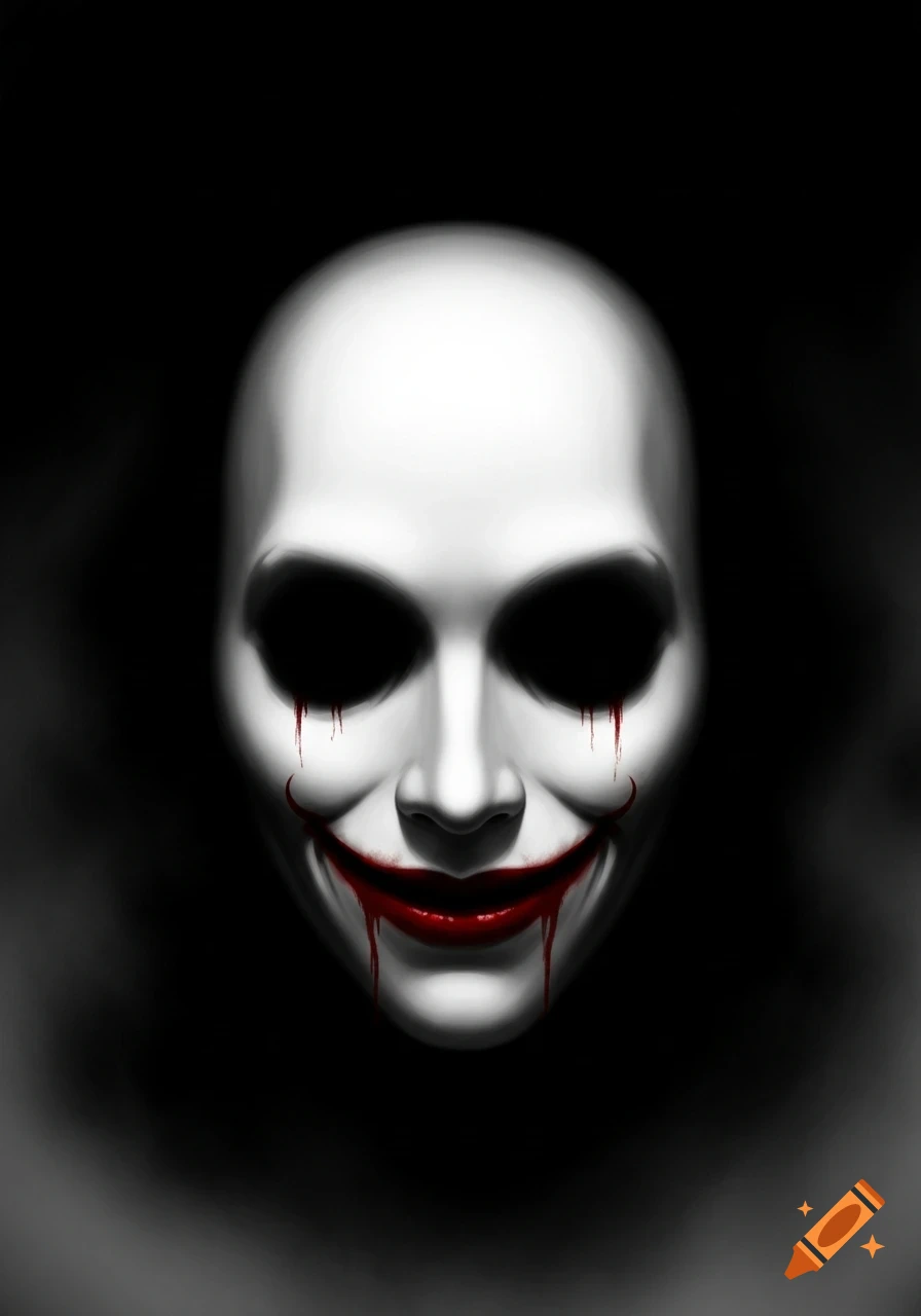 A chilling white mask-like face with empty black eyes and a wide, bloody red smile, dripping against a dark background.
