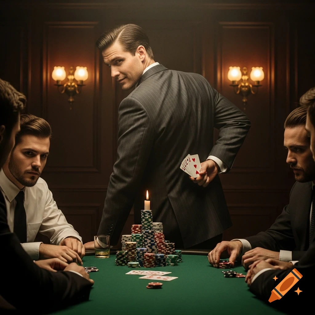 A man in a suit looks back with a sly smile while holding extra poker cards behind his back, cheating at a game with other men.