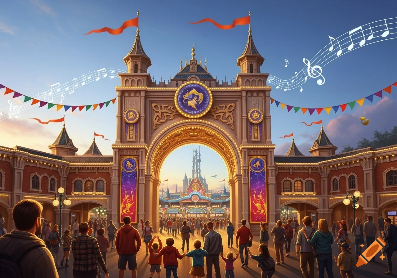 A grand theme park entrance archway bustling with a large crowd of people under a vibrant sky with musical notes.