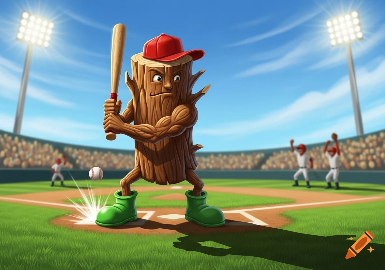 A cartoon wooden log character in a red hat and green boots batting a baseball in a stadium.