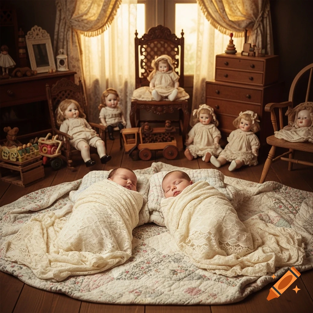 Two swaddled babies sleep on a patterned quilt in a vintage room with antique dolls and wooden furniture.