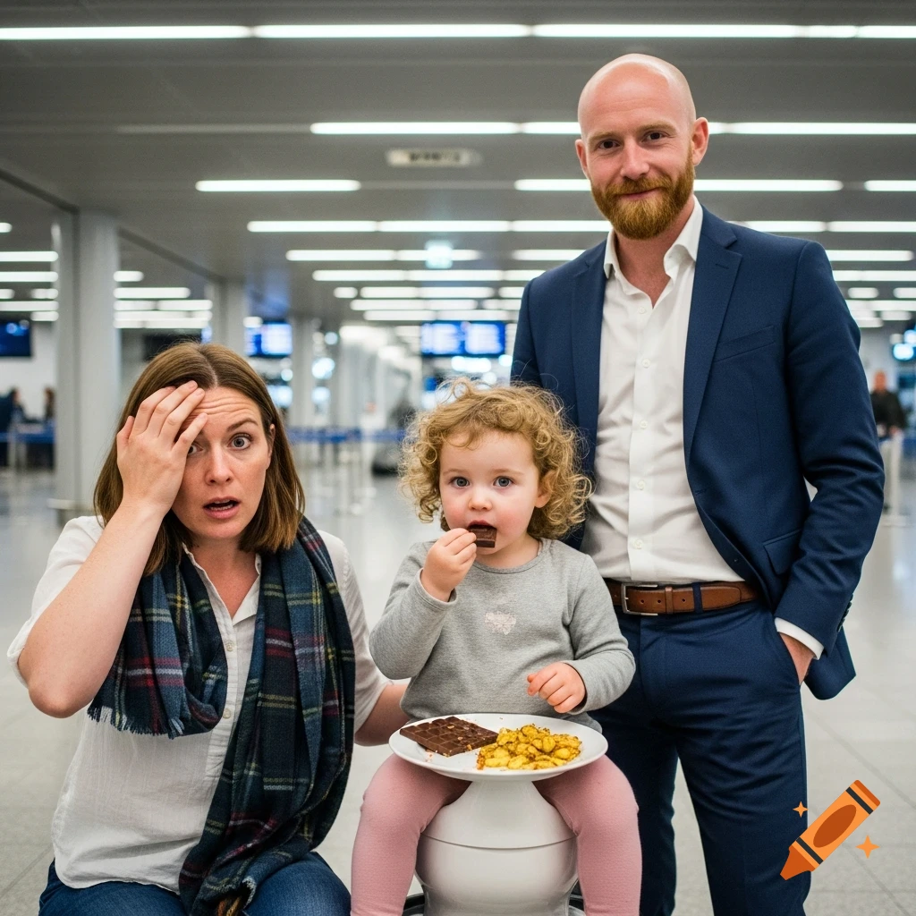 A family at an airport: a child on a potty eating chocolate, an exasperated woman, and a smiling man in a suit.