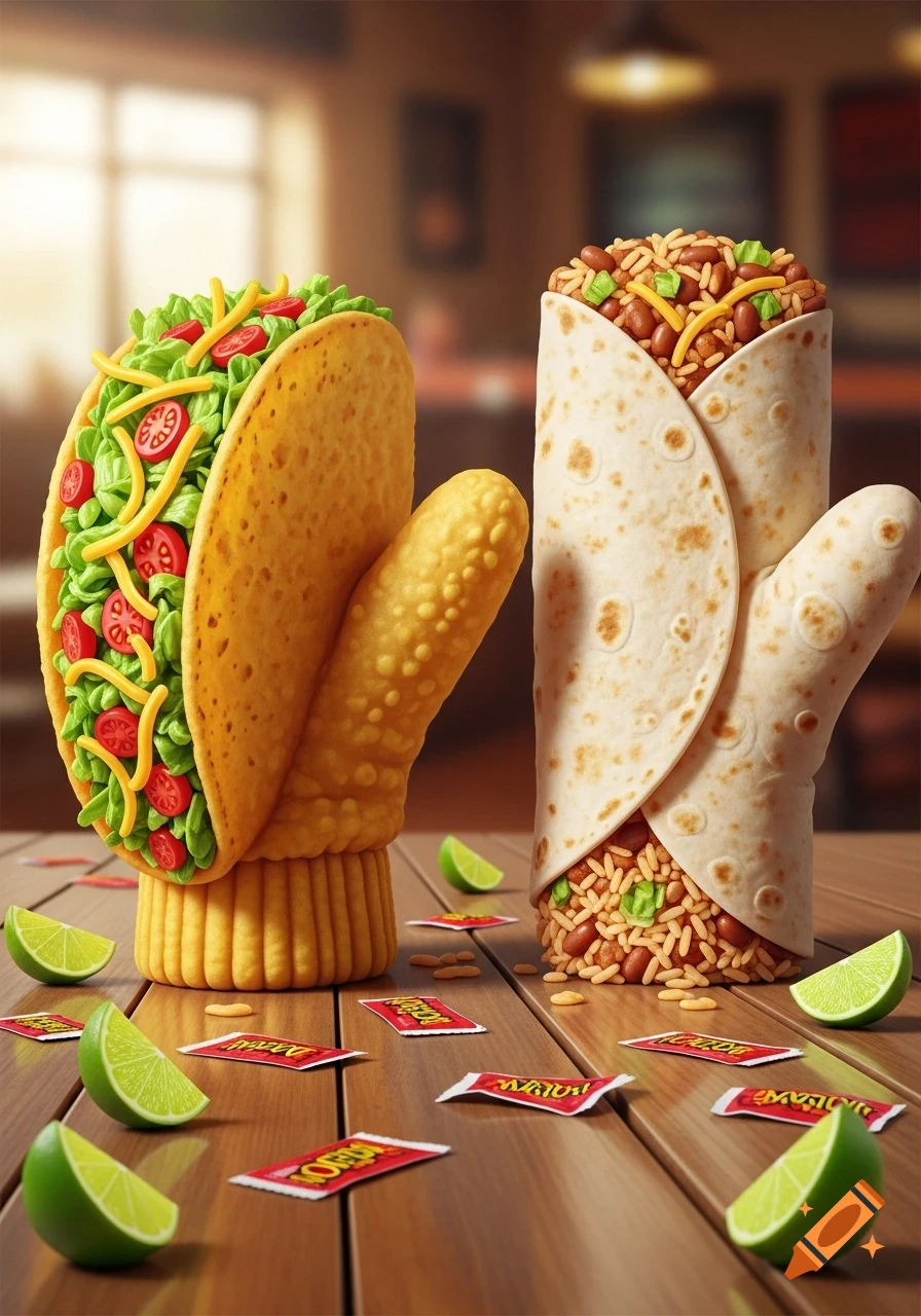 A whimsical taco and burrito, shaped like oven mitts, stand on a wooden table with lime wedges and sauce packets.