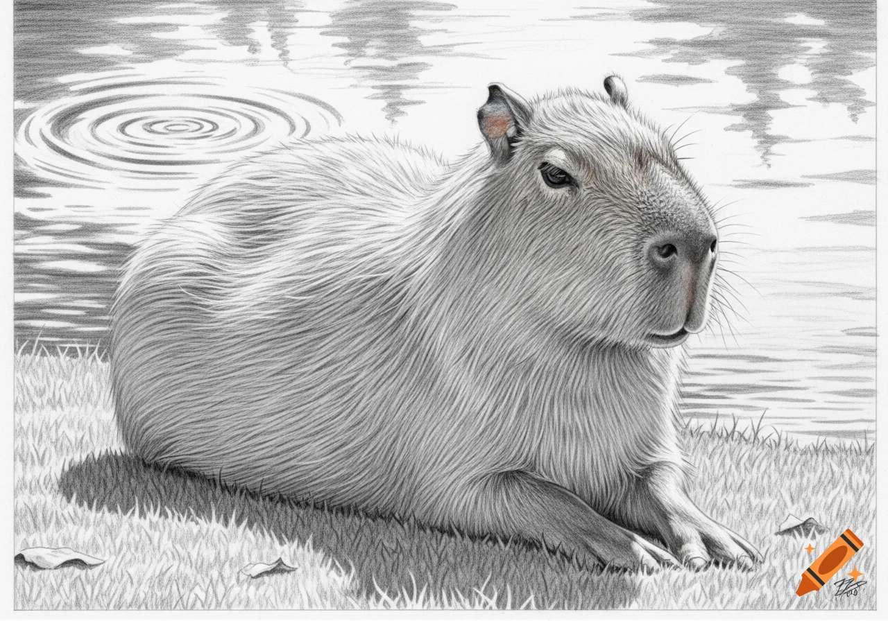 A detailed pencil drawing of a capybara sitting on grass next to water, with ripples in the background.