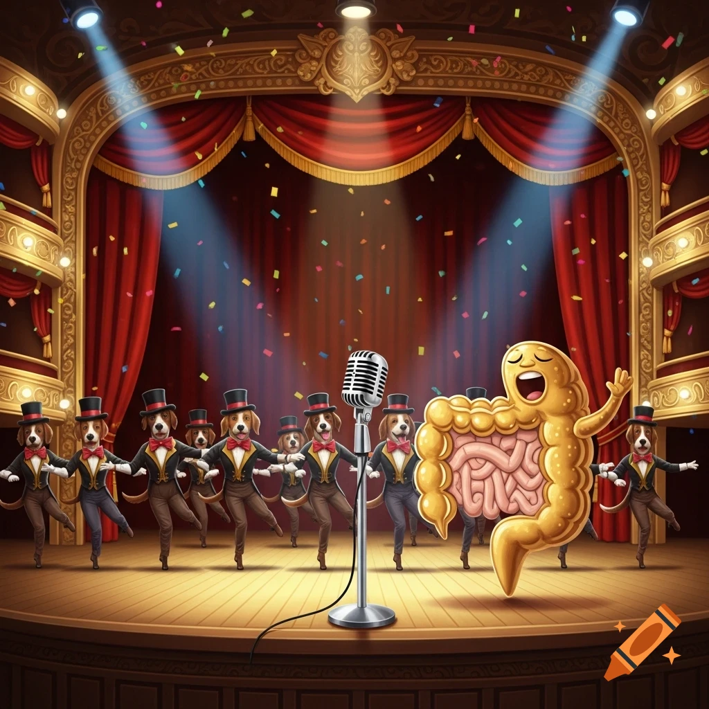 A cartoon colon sings on a brightly lit theater stage with a microphone, surrounded by a chorus line of beagle dogs in top hats and tuxedos as confetti falls.