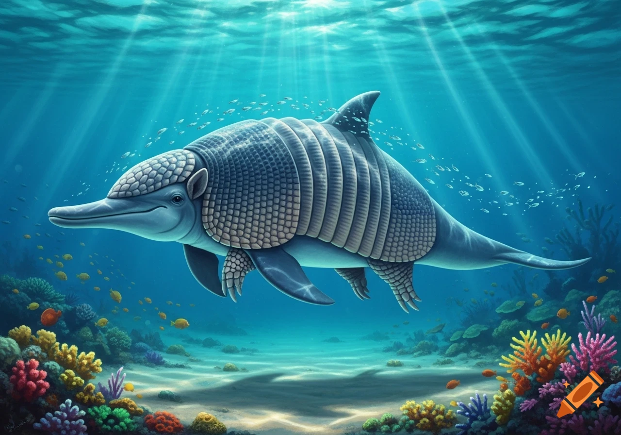 A detailed illustration of a fantastical creature, a dolphin and armadillo hybrid, swimming underwater amidst colorful coral reefs and sun rays.