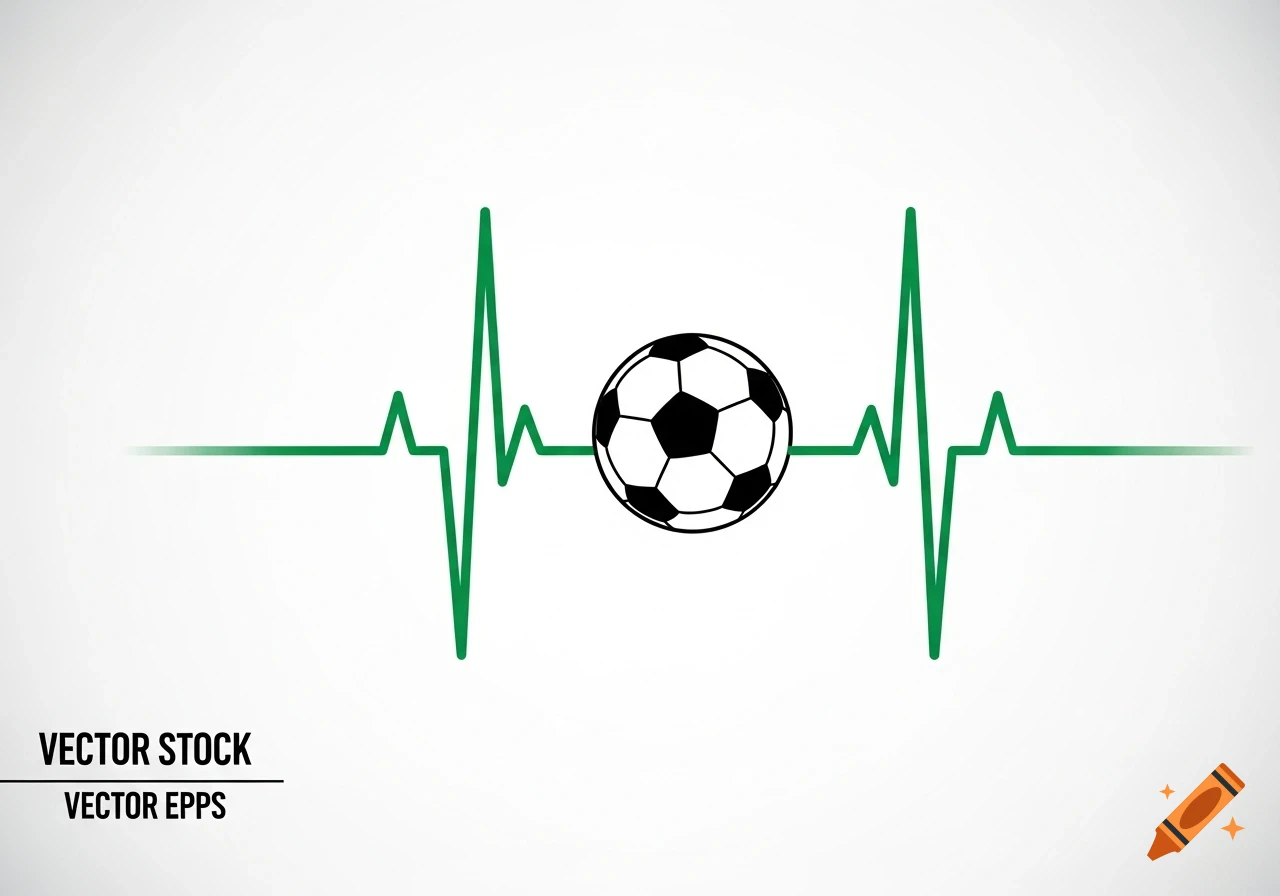 A minimalist vector graphic of a green heartbeat line with a black and white soccer ball at its center on a white background.