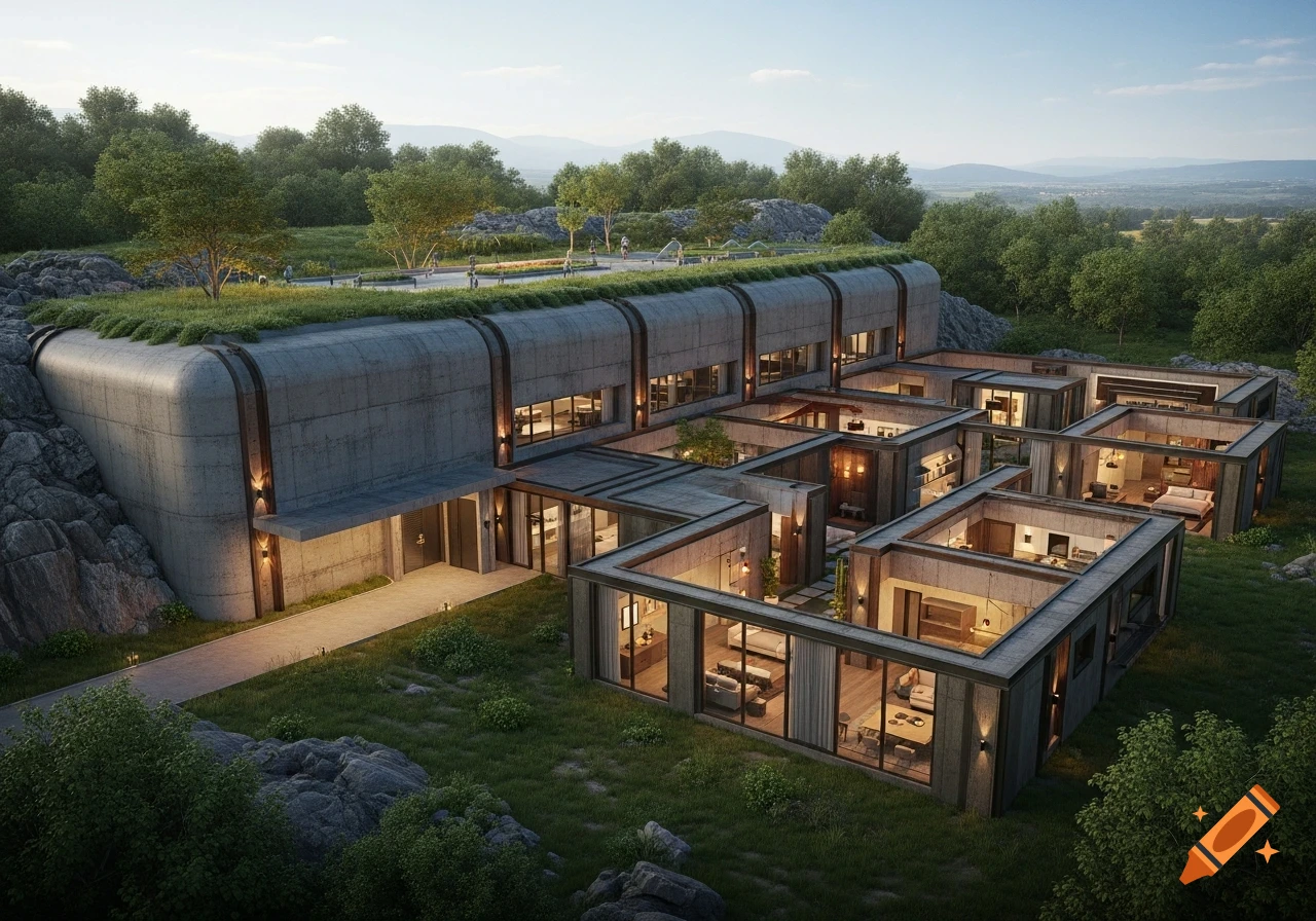 A modern concrete bunker house with a green roof, integrated into a grassy, rocky hillside with trees under a clear sky.