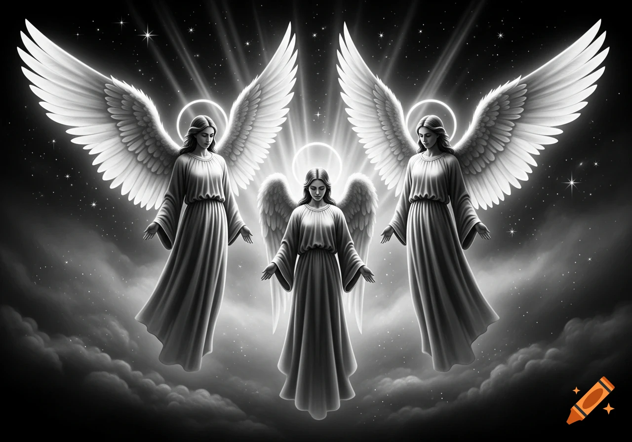 Three monochrome angels with large wings and halos float above clouds in a starry sky, illuminated by bright light rays.