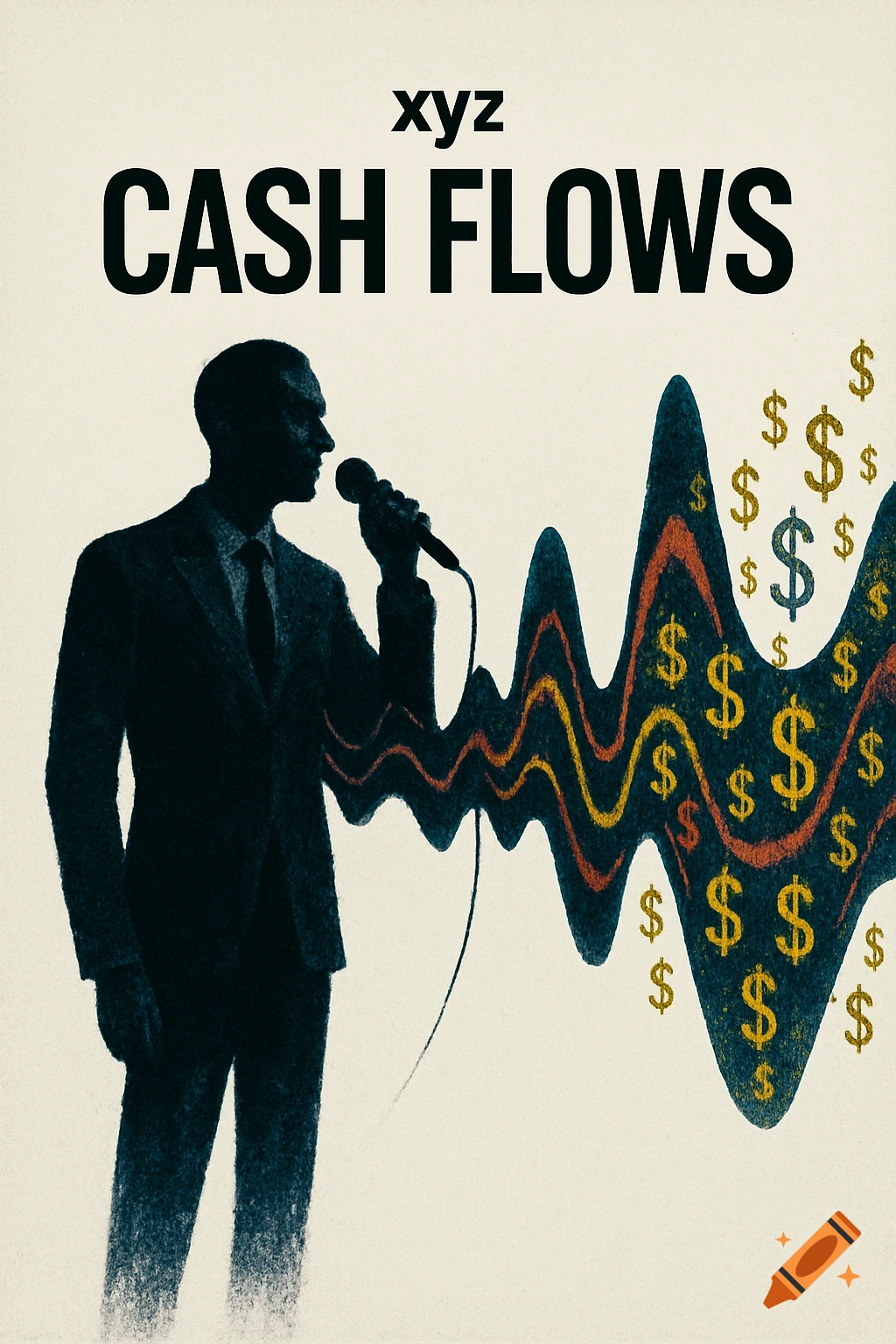 Stylized illustration of a silhouetted man in a suit holding a microphone, with dollar-sign sound waves. Text reads "xyz CASH FLOWS".