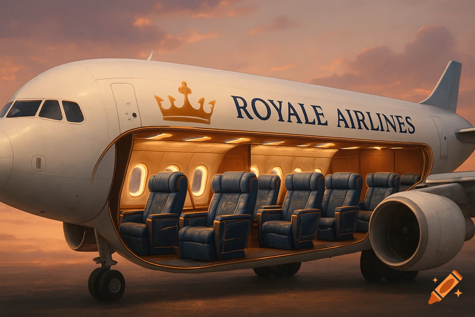 A white airplane with a golden crown logo and 'ROYALE AIRLINES' text, cut open to reveal blue and gold luxury seats inside, against a sunset sky.